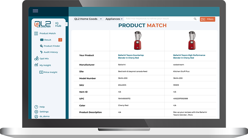 Product Match feature on QL2 Website on QL2's website