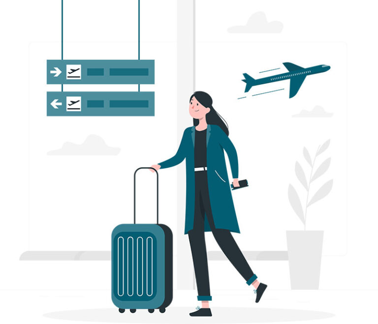 Image of a woman in an airport with a suitcase and an airplane in the background