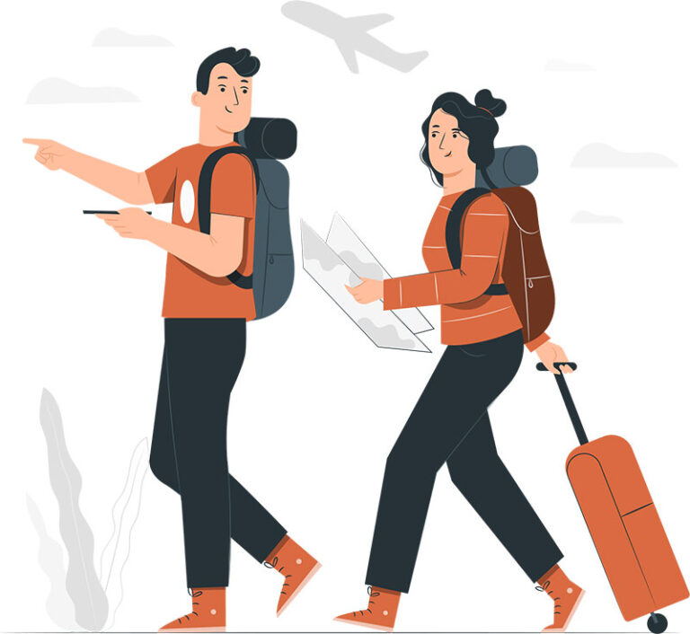 Graphic of two people holding travel equipment