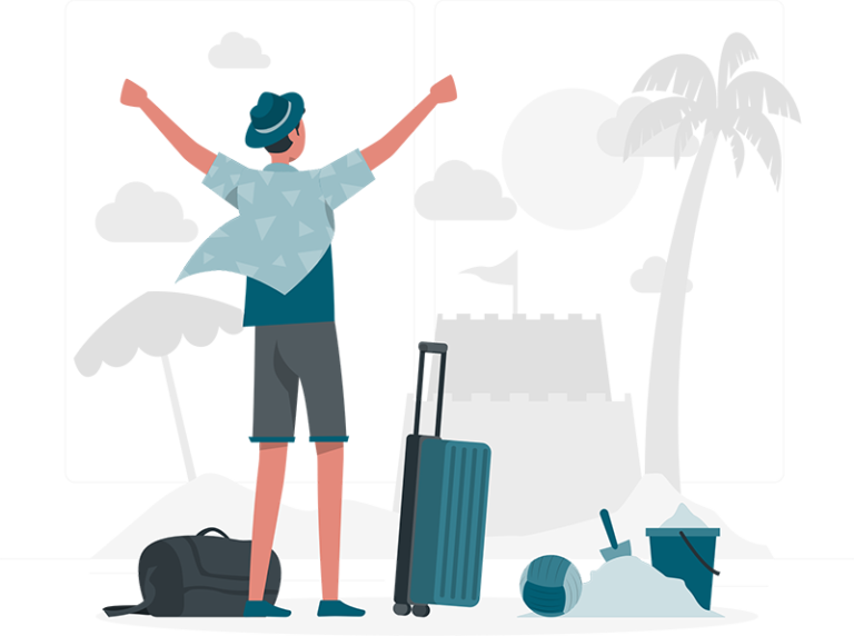 Graphic image of a happy man with a suitcase on a beach