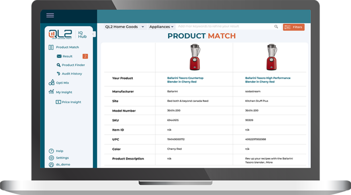 Image of QL2's product matching tool