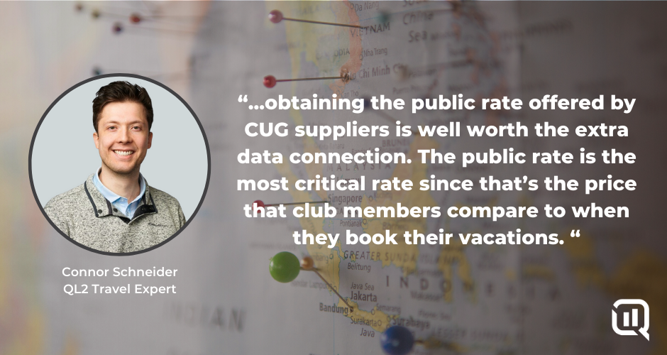 Quote with Connor Schneider Headshot: Quote words "..obtaining the public rate offered by CUG suppliers is well worth the extra data connection. The public rate is the most critical rate since that’s the price that club members compare to when they book their vacations. "