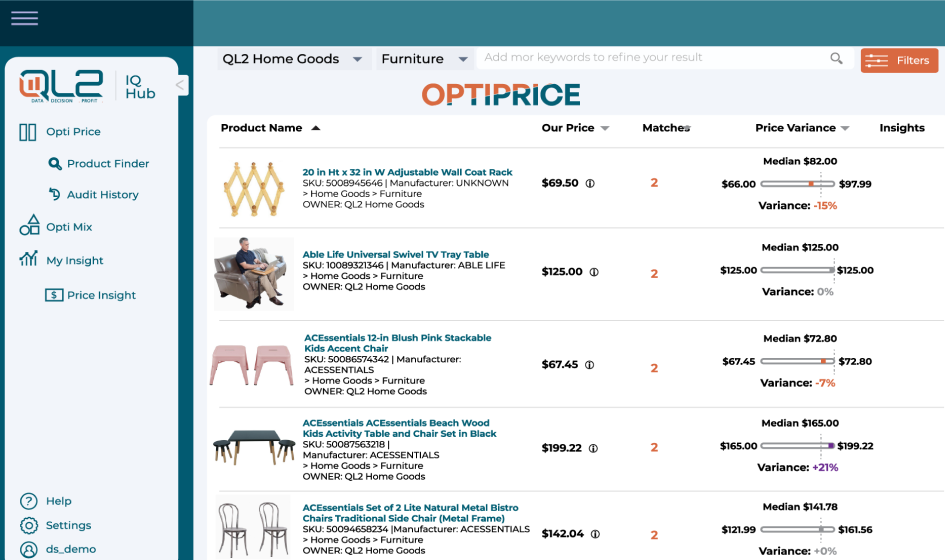 Optiprice feature on QL2 website