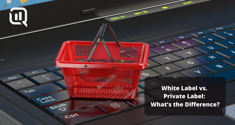Graphic image of a small shopping basket on a laptop keyboard reading "White Label vs. Private Label: What's the Difference?"